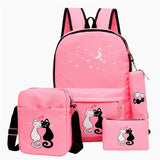 Kit Mochila 4 pçs Desenho de Gato Escolar Para Meninas .